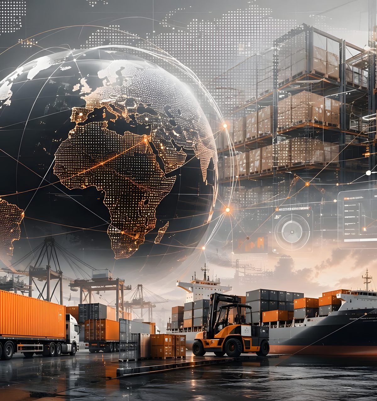 Global logistics network graphic over a shipping container yard