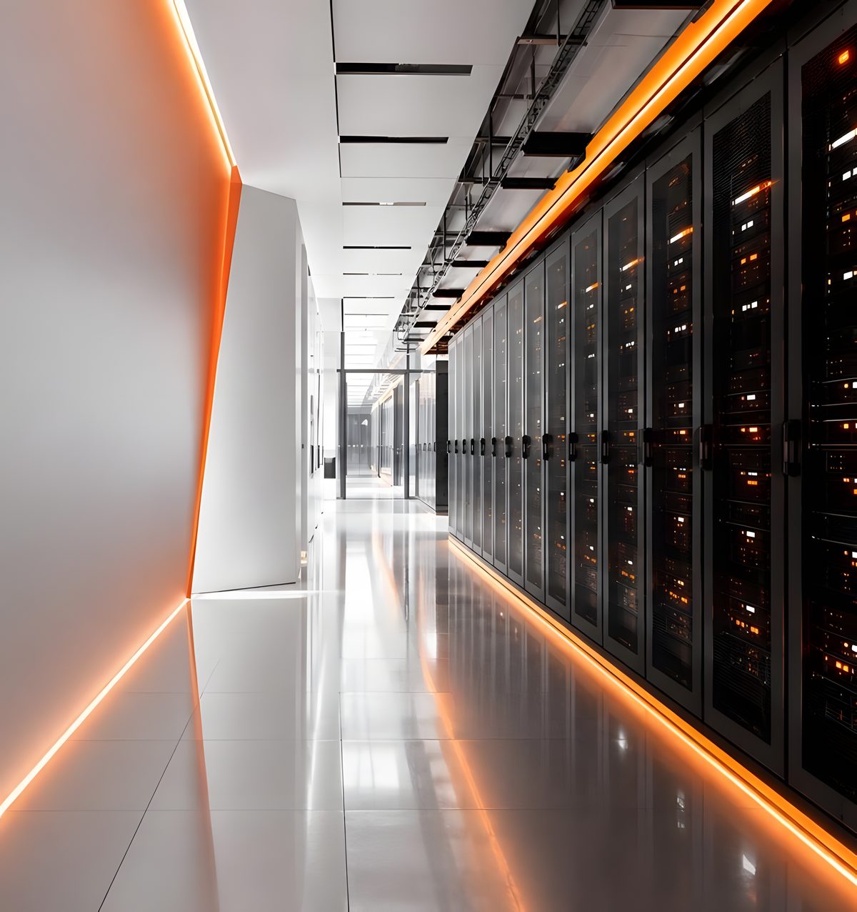 Illuminated data center corridor with server racks