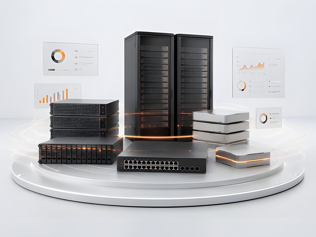 Enterprise servers, storage arrays and a network switch staged together as a server and data platform supply.